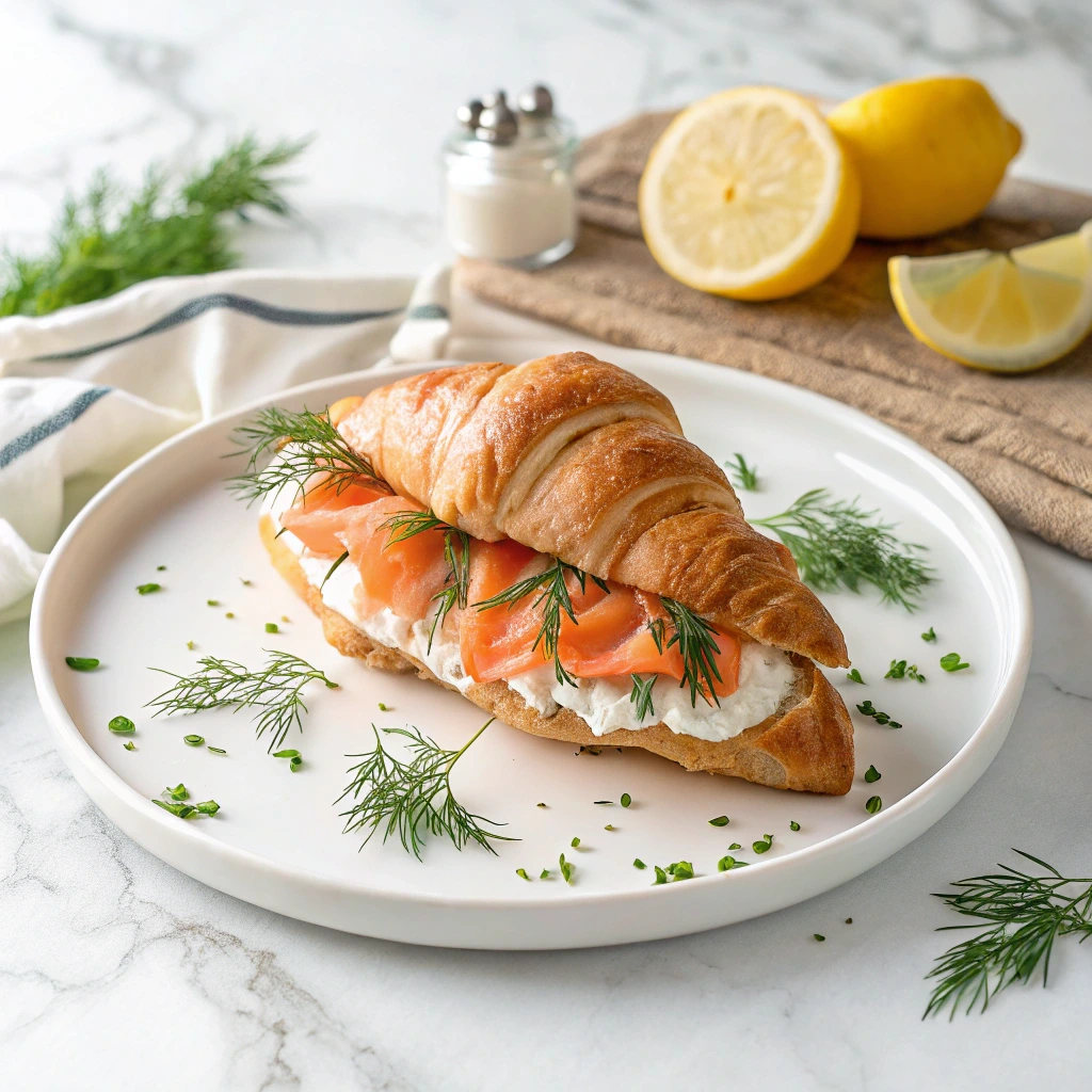 10 Irresistible Croissant Sandwiches to Elevate Your Breakfast Game 3 Smoked salmon and cream cheese croissant sandwich garnished with dill and lemon.