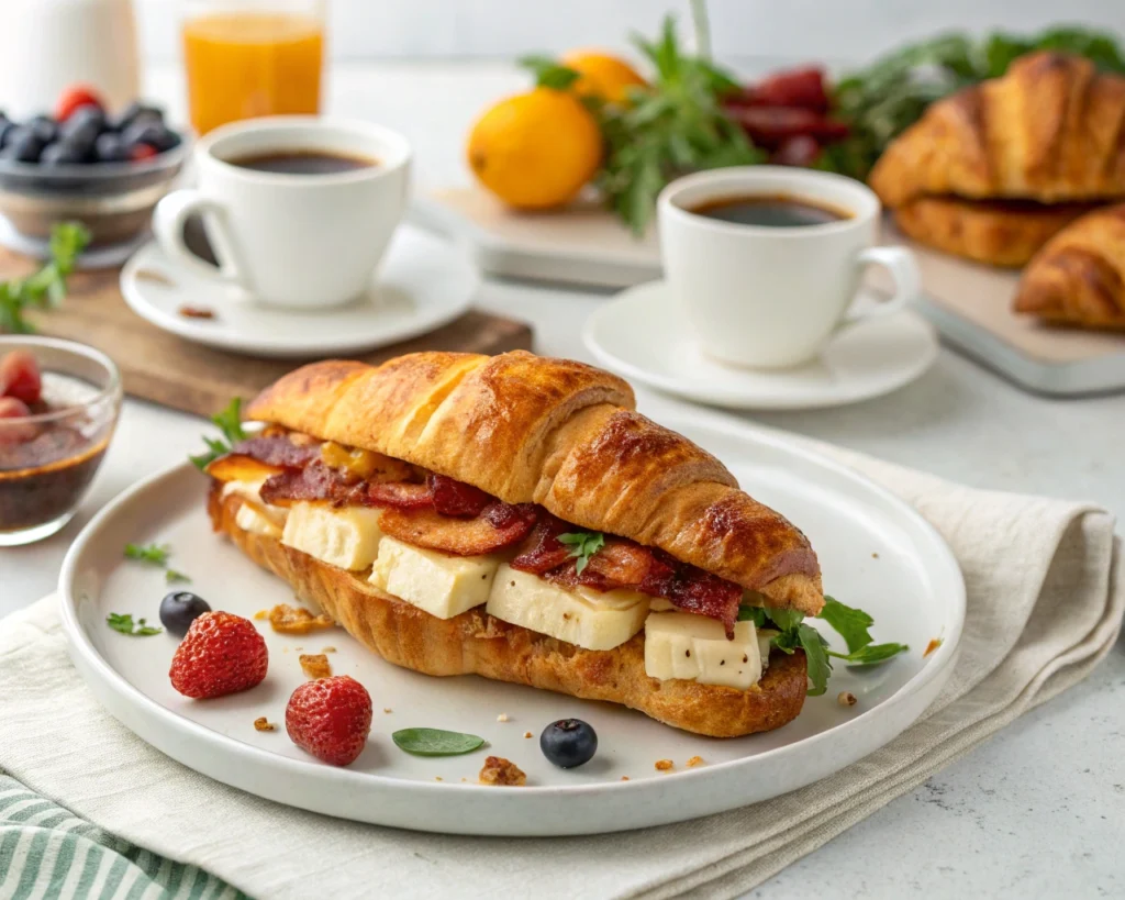 10 Irresistible Croissant Sandwiches to Elevate Your Breakfast Game 4 Croissant sandwich with maple-glazed bacon, brie cheese, and honey drizzle.
