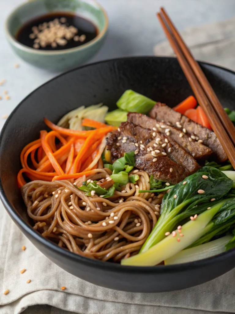 Delicious Bowl Meals for Busy Days – Ready in 20 Minutes or Less! 7 Asian noodle bowl with beef, bok choy, soba noodles, carrots, and sesame seeds.