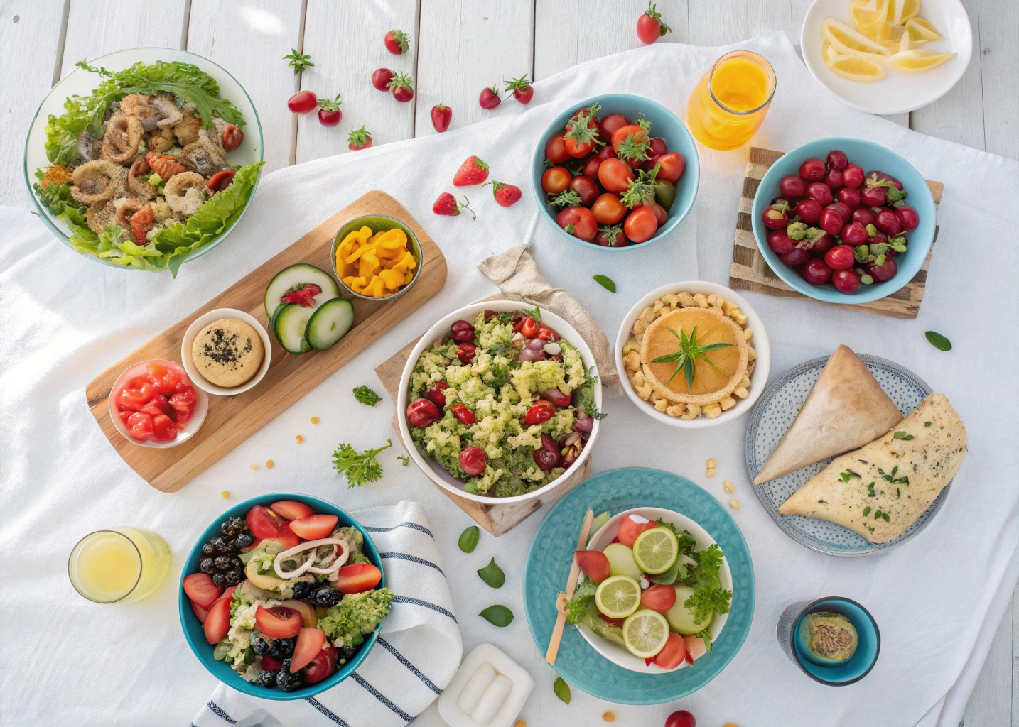 Assorted cold meals for summer: salads, pasta, fruit bowls, and wraps on a picnic table