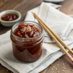 Homemade Korean BBQ sauce in a glass jar with sesame seeds