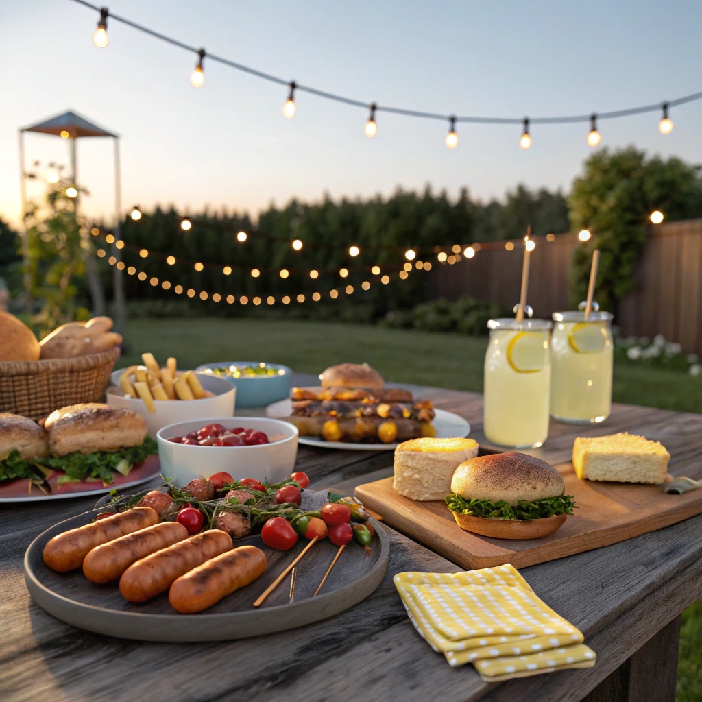 Outdoor summer BBQ dinner setup with grilled foods