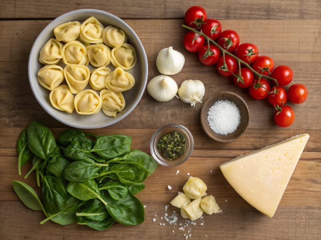 Fresh ingredients for Blackstone tortellini on a rustic table