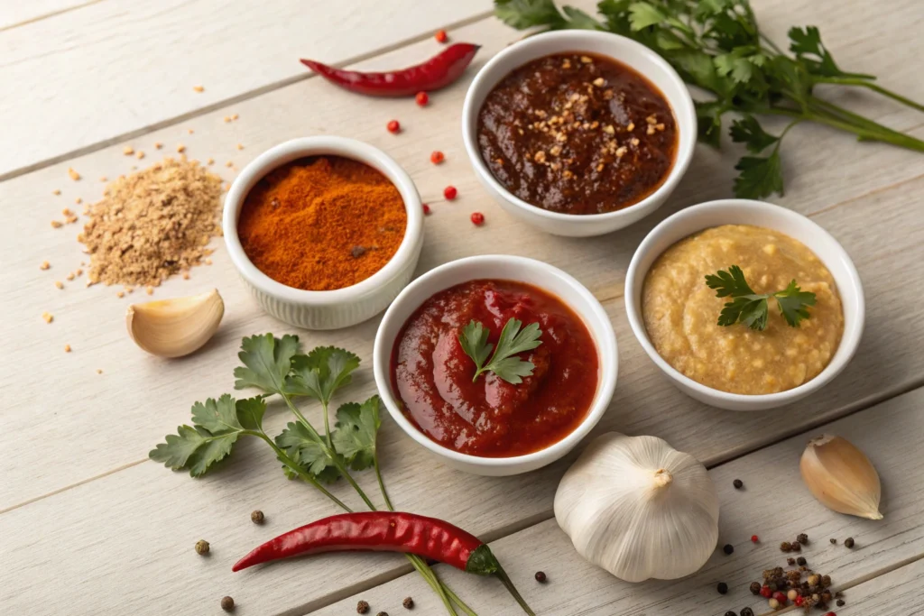 Homemade BBQ sauces and spice rubs arranged on a wooden table	