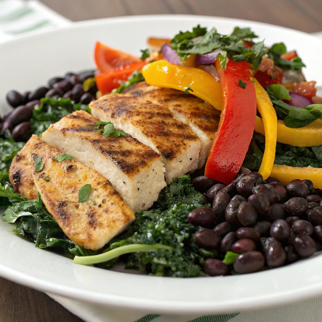 Plated Brazilian Mounjaro dish with lean protein, beans, and vegetables