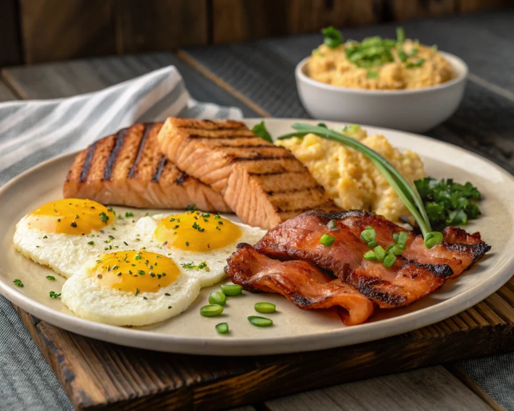 Plate with eggs, crispy bacon, and grilled salmon, representing a balanced carnivore diet meal
