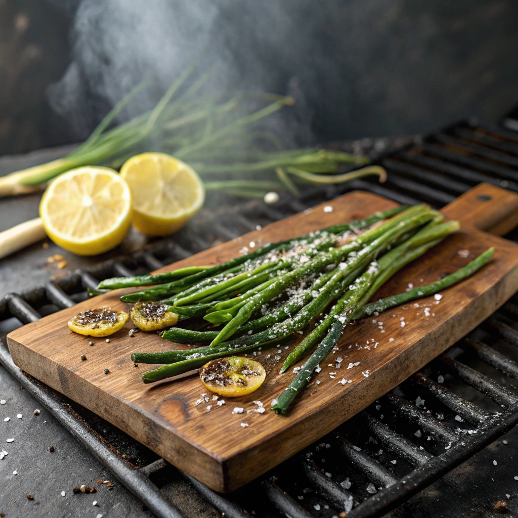 Grilled garlic scapes on a wooden board with lemon wedges and sea salt
