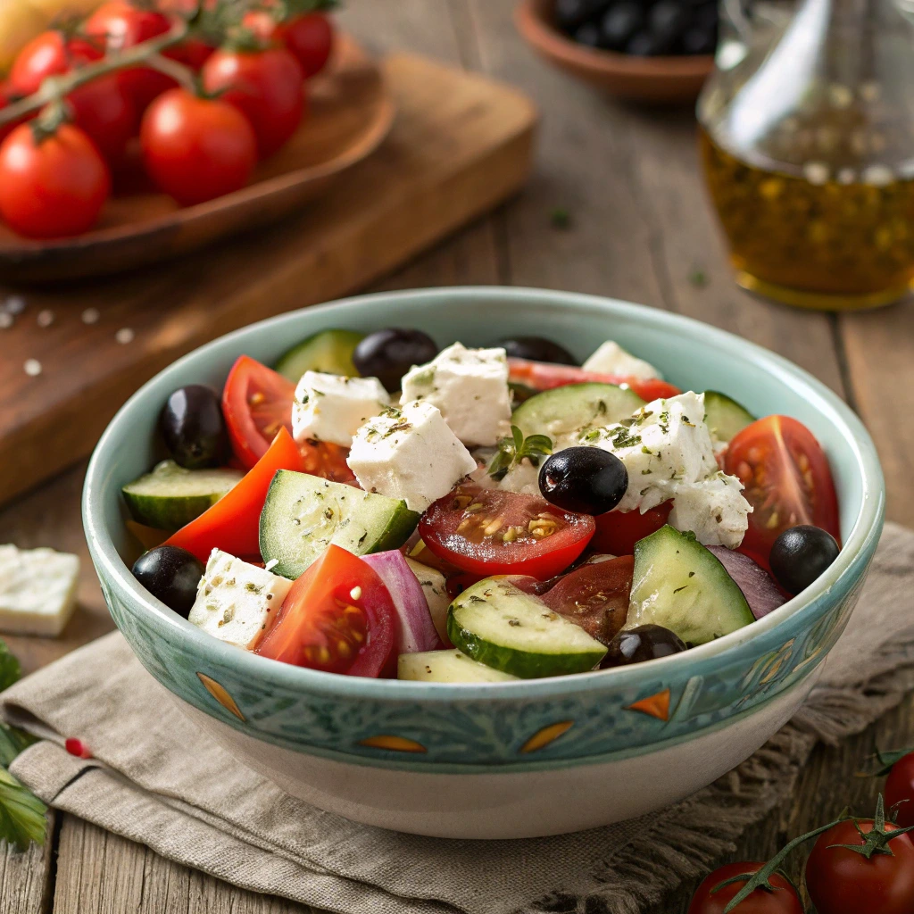 Refreshing classic Greek salad with feta and olives, perfect cold meal for hydration and energy in summer