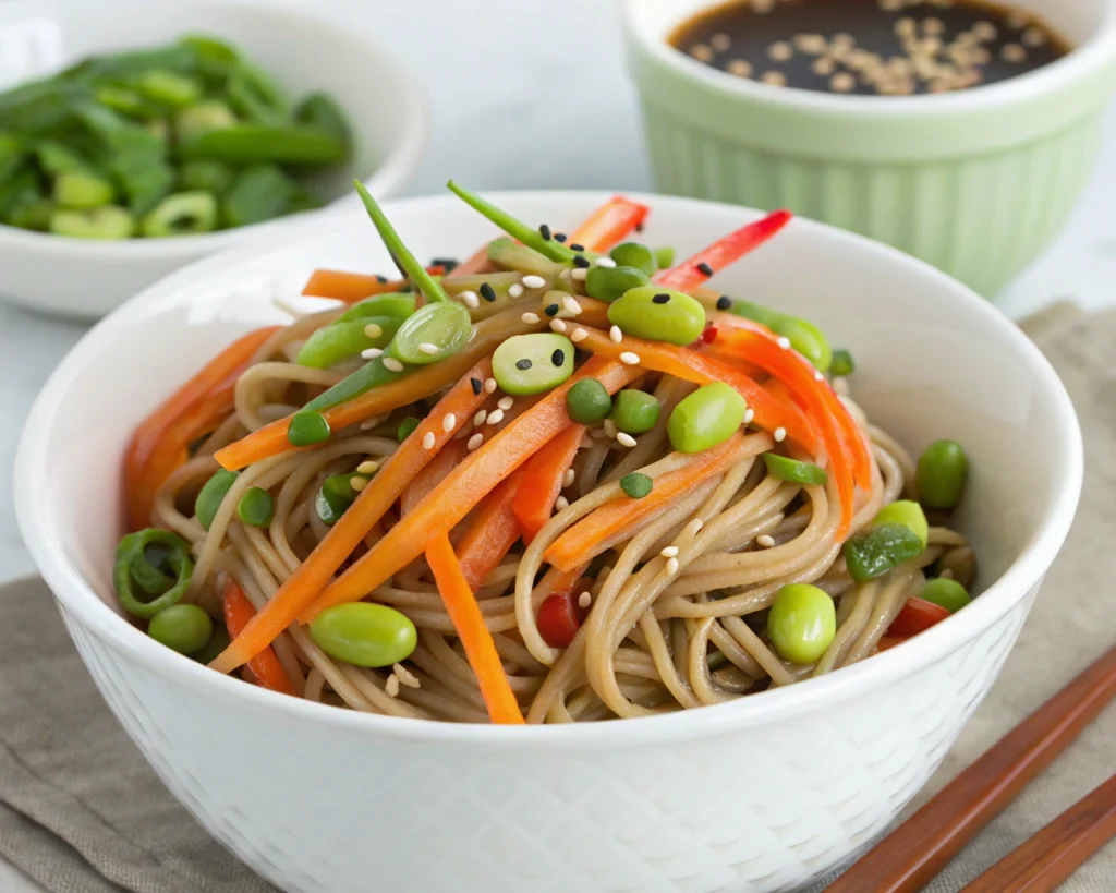 Cold soba noodle bowl with edamame, carrots, green onions, and sesame seeds
