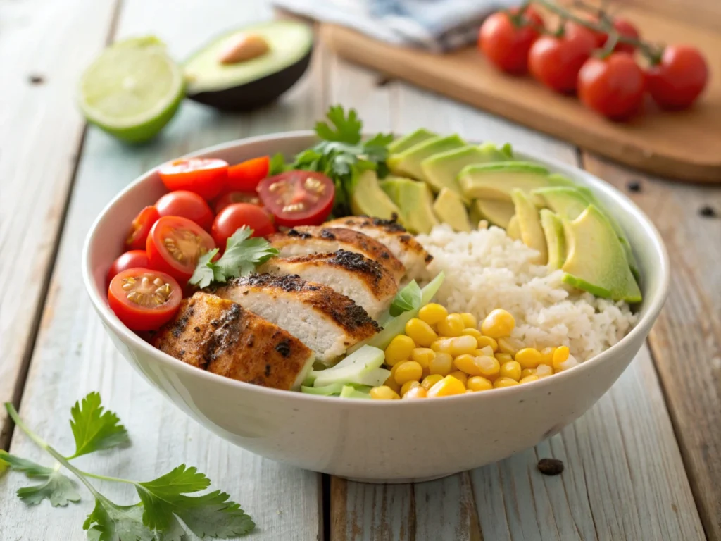 Delicious Bowl Meals for Busy Days – Ready in 20 Minutes or Less! 8 A colorful bowl meal with grilled chicken, rice, avocado, corn, and tomatoes.