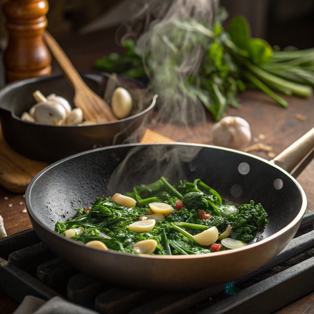 Sautéing garlic and greens for the Brazilian Mounjaro recipe