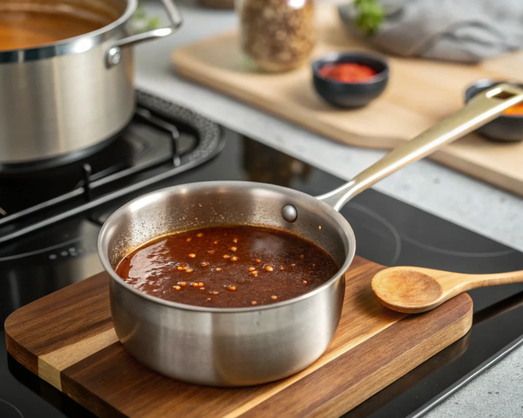 Korean BBQ sauce simmering in a saucepan on the stovetop