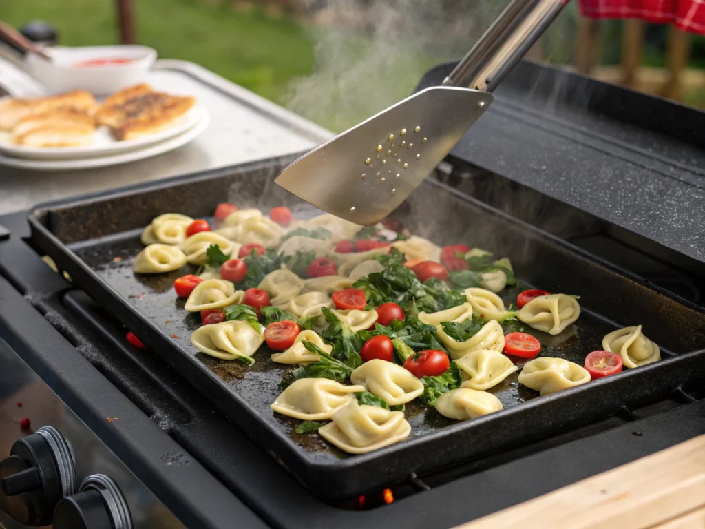 Tortellini cooking on a Blackstone griddle with vegetables