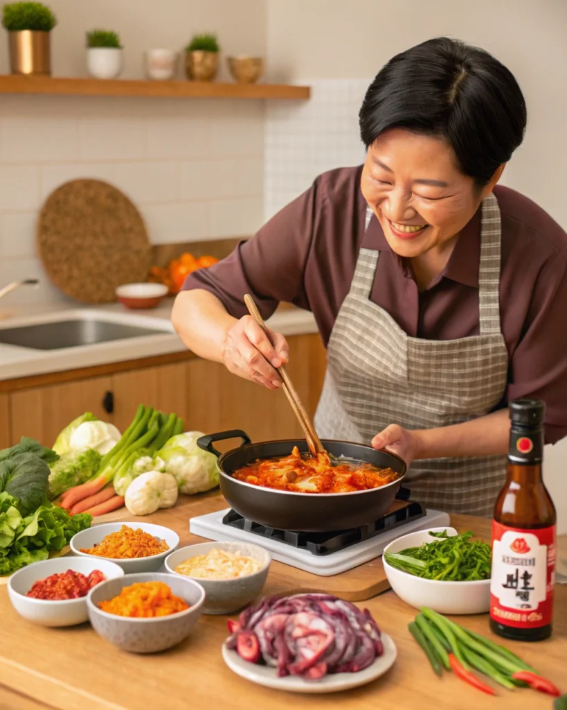 A cozy kitchen scene of cooking vegetarian Korean food, inspiring readers to try authentic recipes with fresh ingredients like gochujang and sesame oil.