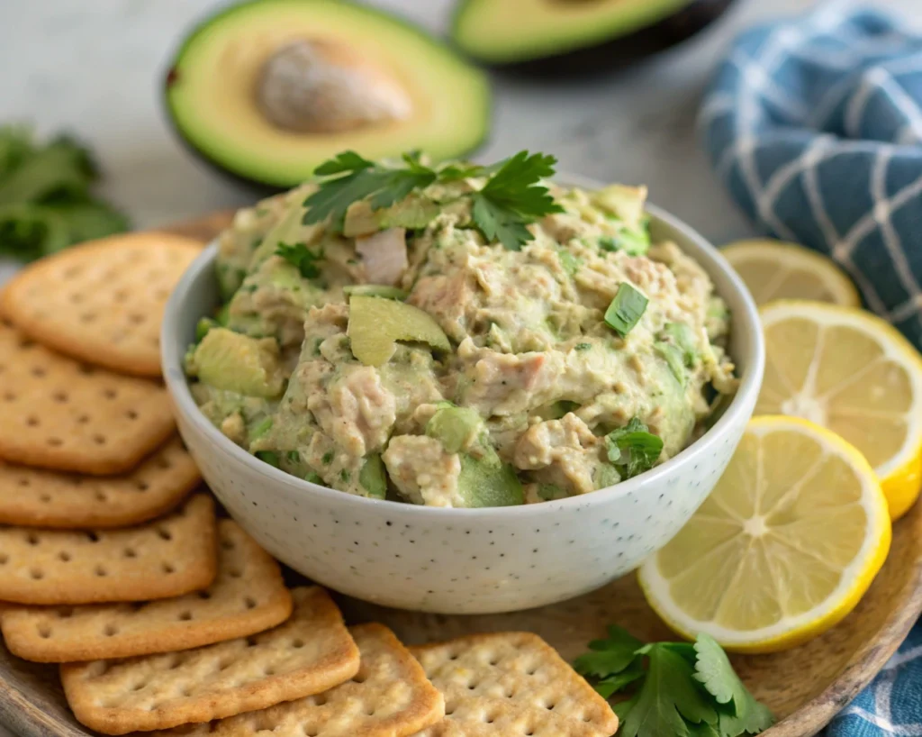 No-cook avocado tuna salad with fresh herbs and lemon wedges	