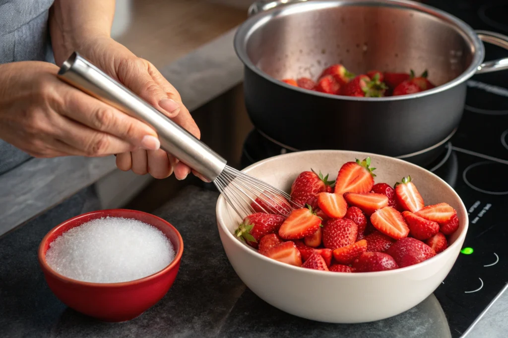 Hands crushing strawberries in a bowl with sugar and boiling water nearby for freezer jam preparation