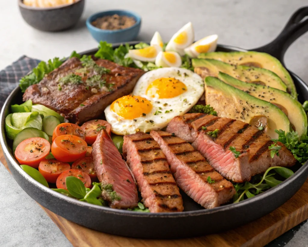 A feast platter with steak, eggs, and grilled fish showcasing a satisfying carnivore diet meal
