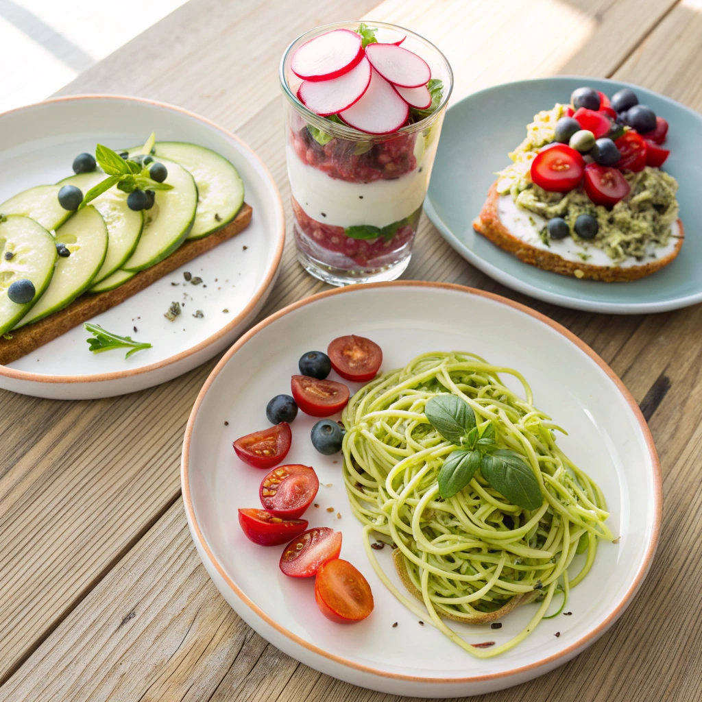 Plated no cook recipes including avocado toast and yogurt parfait