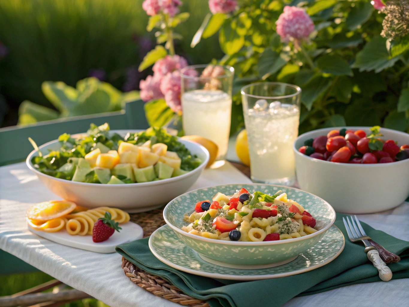Summer dinners table with pasta salad, fresh fruits, and iced lemonade