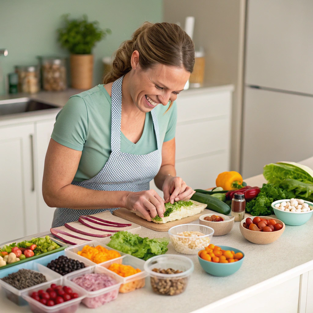 Woman preparing a no cook wrap in a modern kitchen