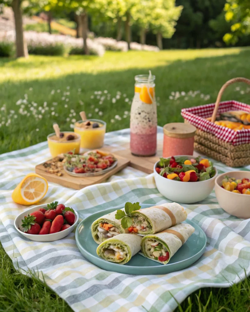 No oven picnic meal with wraps, smoothies, and fruit