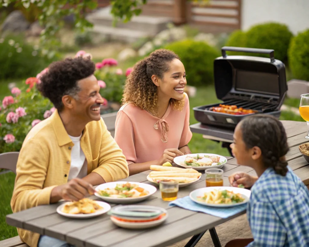 Family enjoying Blackstone tortellini at an outdoor table