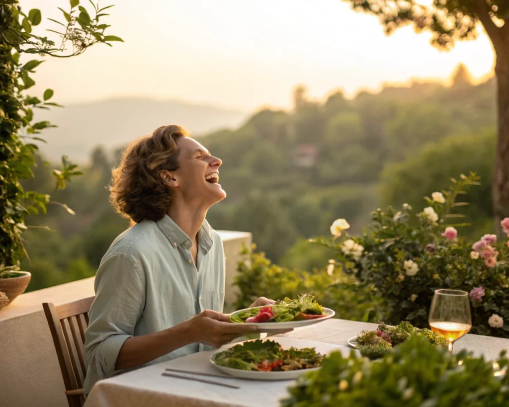 Person enjoying a light summer meal with salad and grilled vegetables on a patio