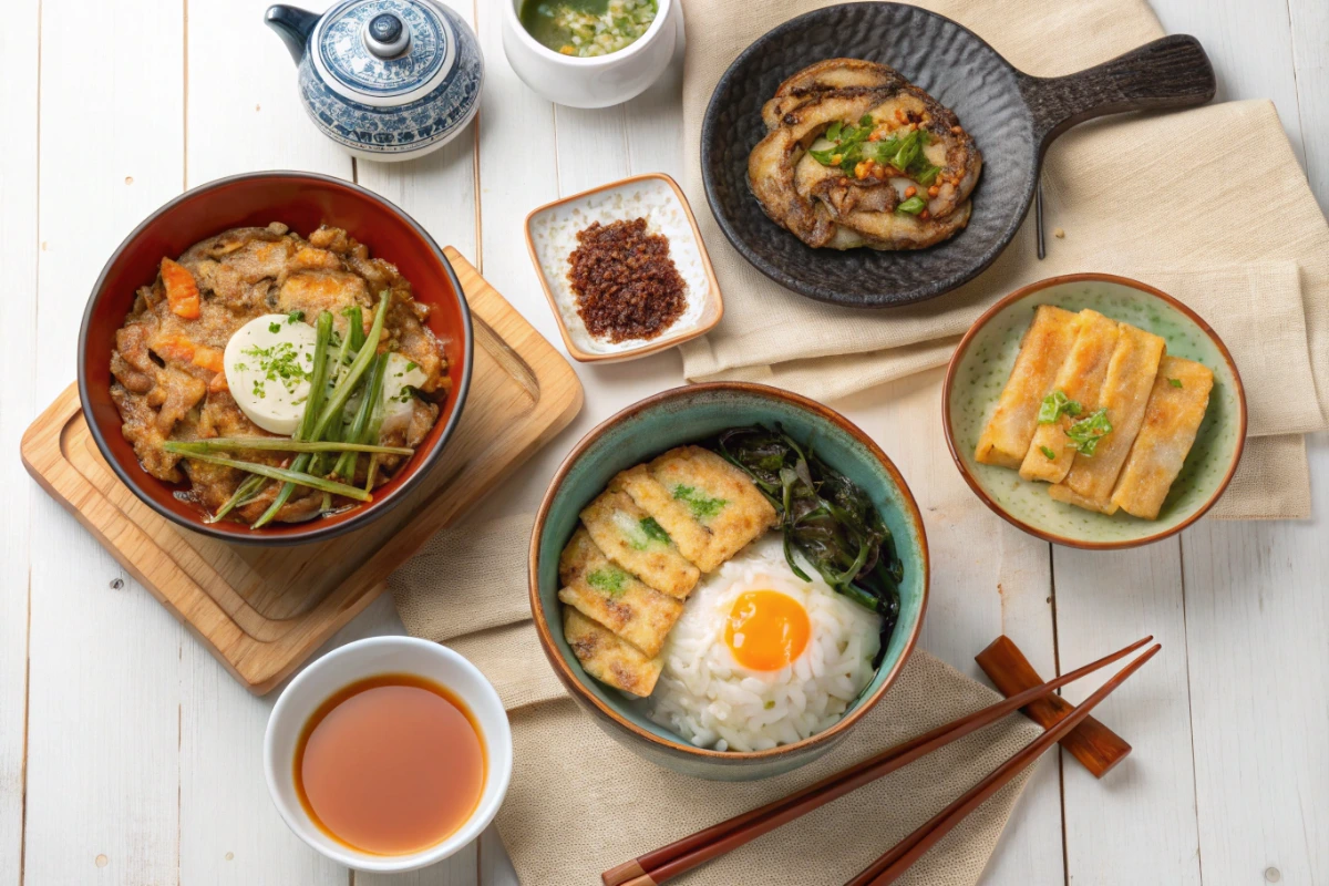 A collage of 7 delicious Korean breakfast dishes beautifully arranged