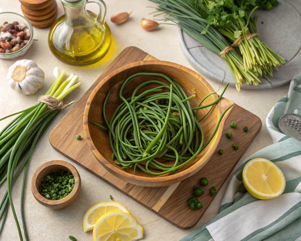 A rustic wooden bowl filled with fresh green garlic scapes on a kitchen counter
