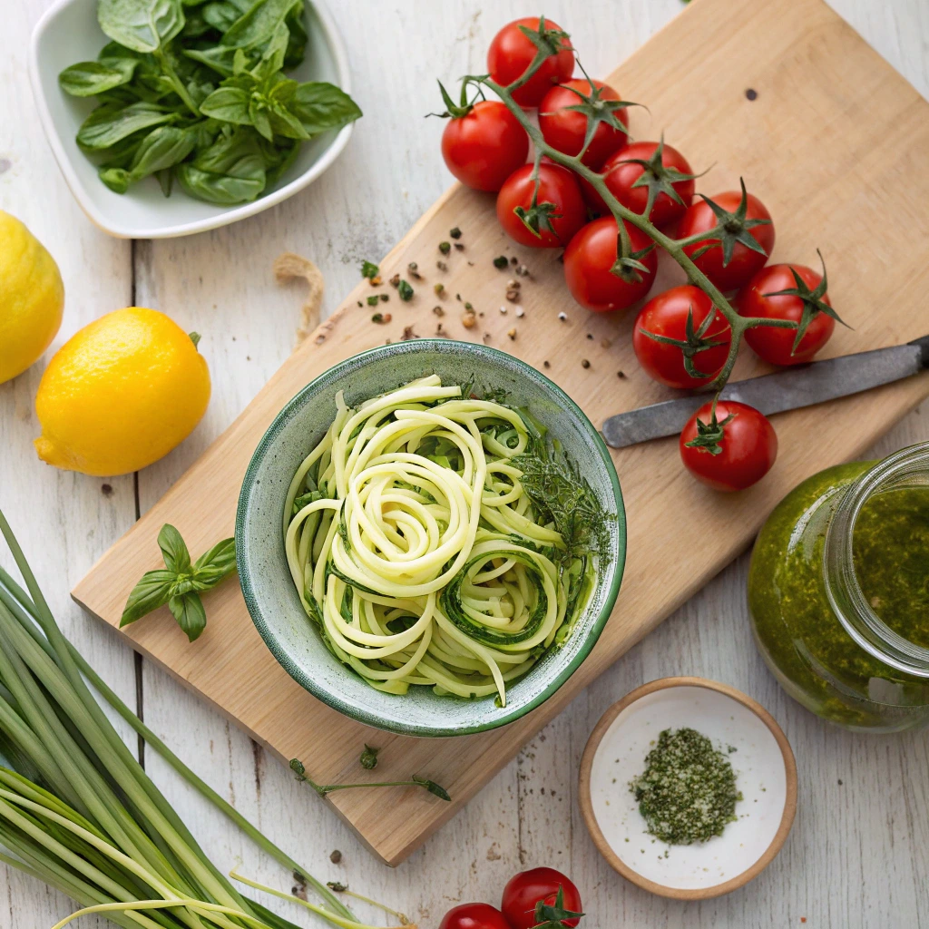 Fresh summer ingredients for light dinners including spiralized zucchini, tomatoes, lemon, and herbs