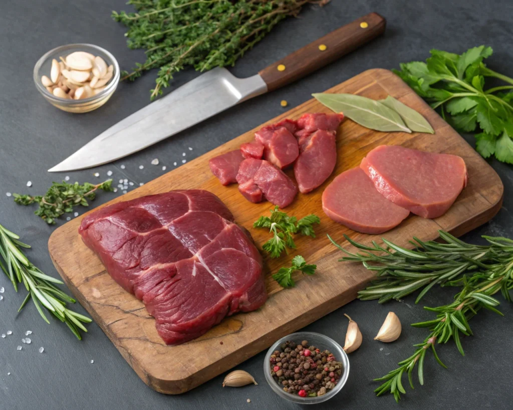 Fresh organ meats including liver and kidney on a wooden butcher board with herbs