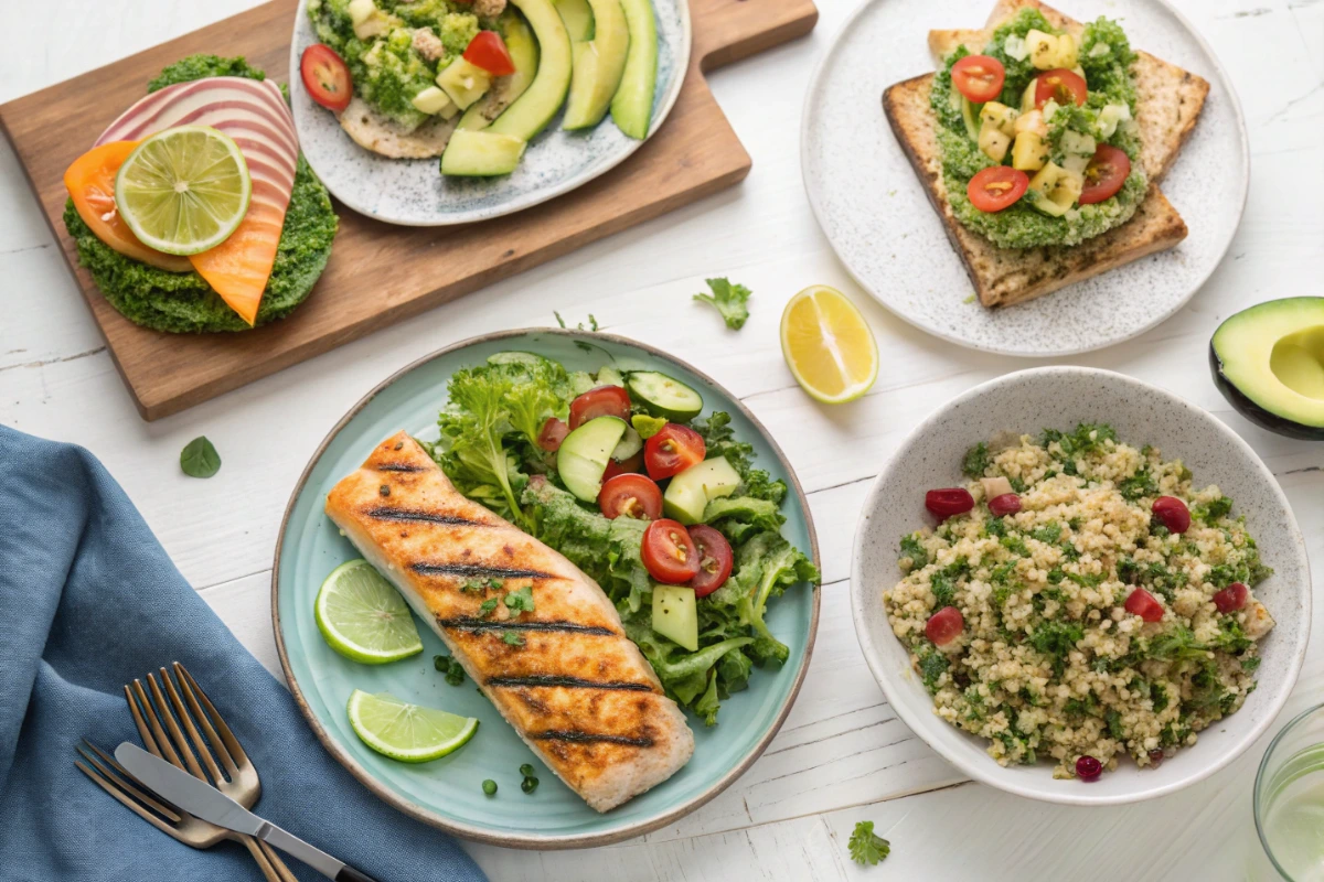 A table filled with colorful, healthy light dinner dishes