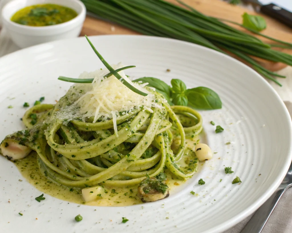 A bowl of garlic scape pesto pasta topped with Parmesan cheese and olive oil