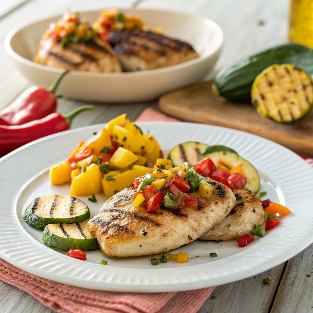 15 Easy & Delicious Summer Dinners to Beat the Heat and Satisfy Every Craving 4 Grilled chicken breast topped with mango salsa and grilled vegetables