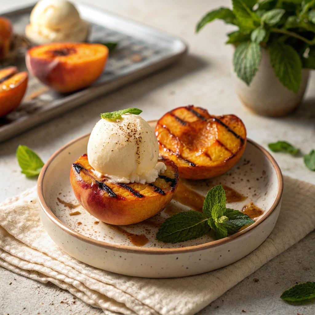 Grilled peaches with ice cream and mint on a plate	