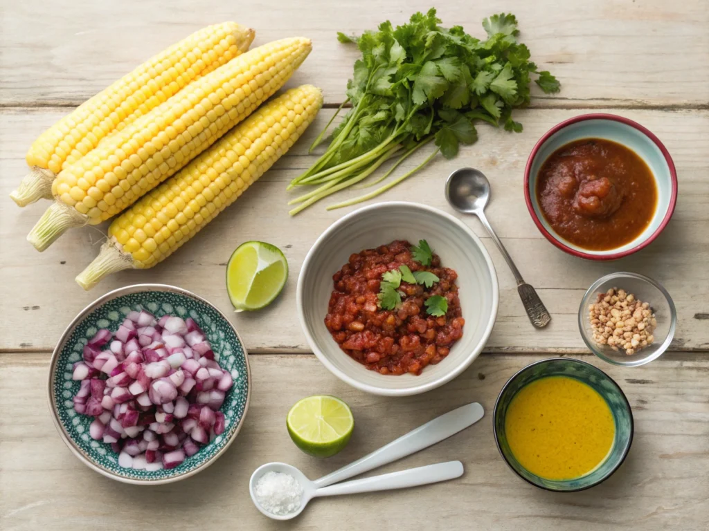 Ingredients for chipotle corn salsa recipe including corn, chipotle peppers, red onion, cilantro, lime, and olive oil