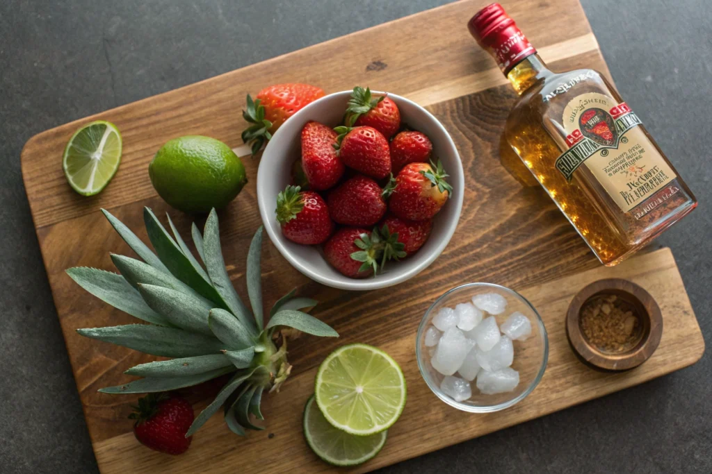 Overhead view of fresh strawberries, tequila, lime, triple sec, and ice for strawberry margarita