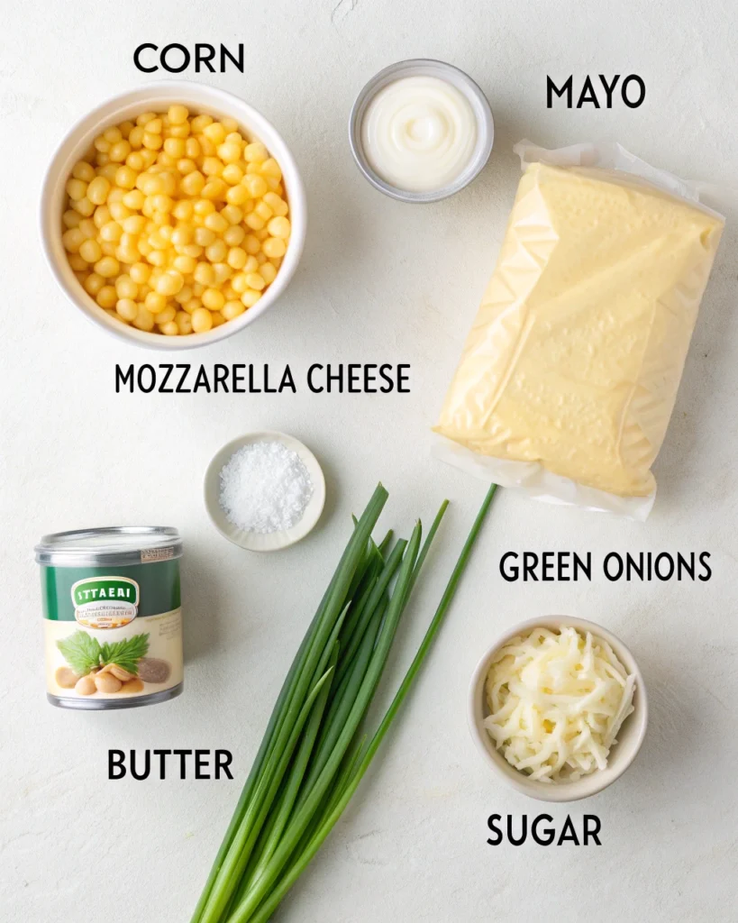 5 Easy Steps to Master the Korean Corn Cheese Recipe at Home 9 Ingredients for Korean corn cheese recipe including corn, mayo, and mozzarella