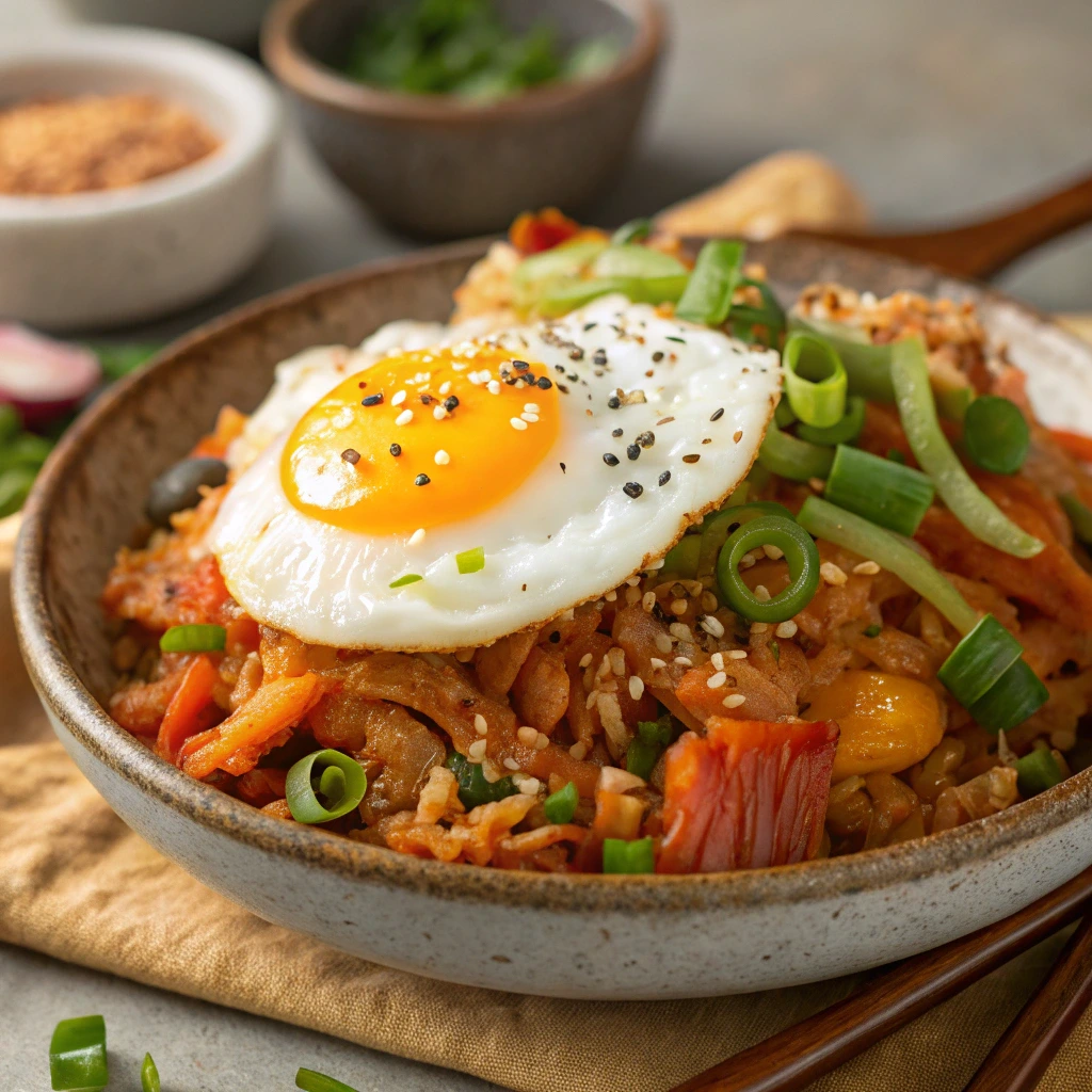 A hot plate of kimchi fried rice topped with a sunny-side-up egg