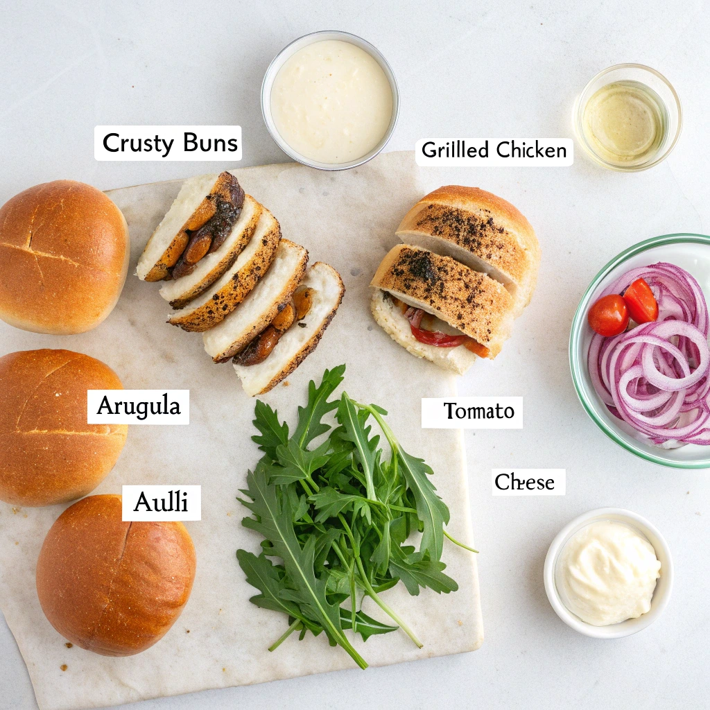 Flat lay of knob sandwich ingredients with labels