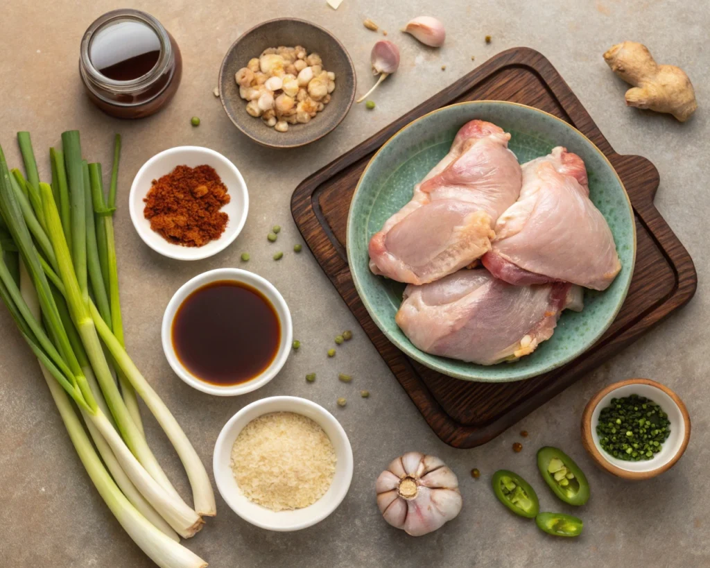 Ingredients for Korean BBQ chicken including gochujang, soy sauce, and chicken thighs