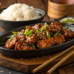 korean bbq chicken recipe with sesame seeds and rice on a plate