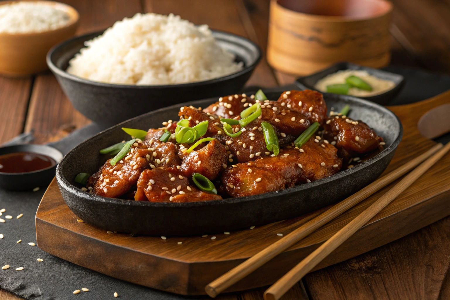 korean bbq chicken recipe with sesame seeds and rice on a plate