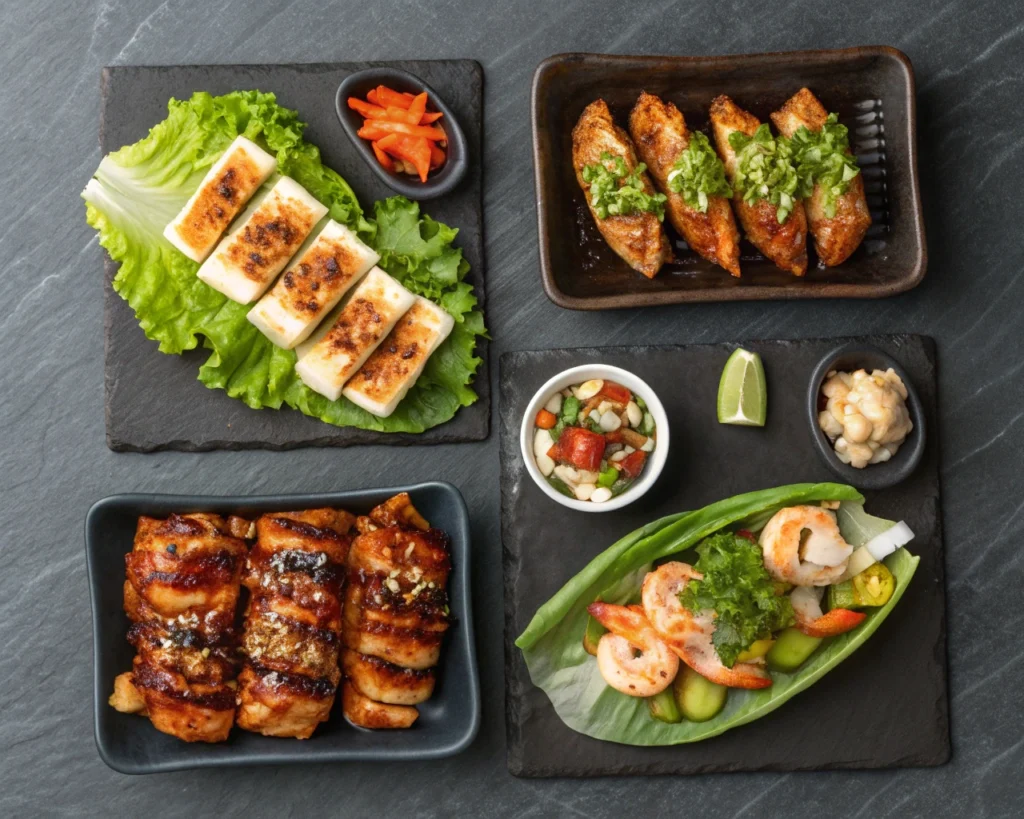 Different styles of Korean BBQ chicken including tofu and shrimp versions
