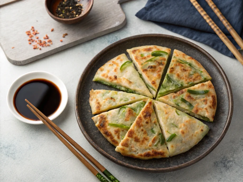 Crispy Korean green onion pancakes served with dipping sauce