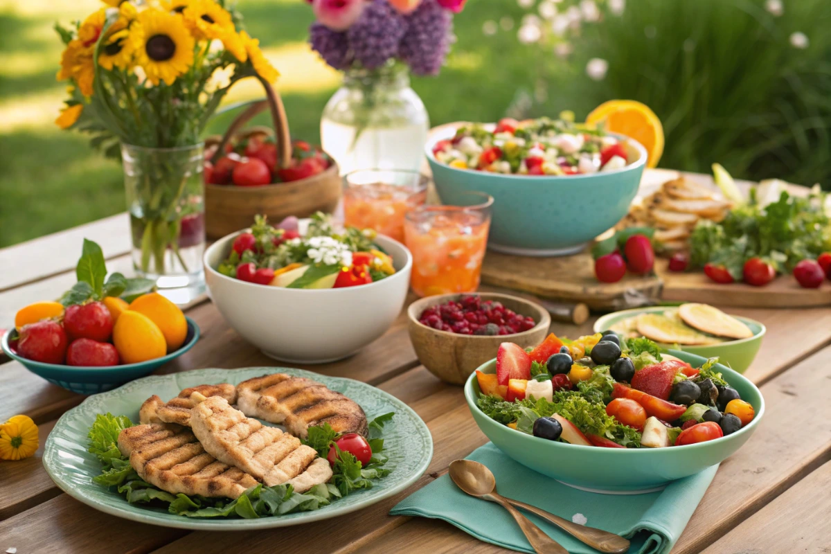 Light summer dinner recipes with fresh salads and grilled chicken on wooden table outdoors