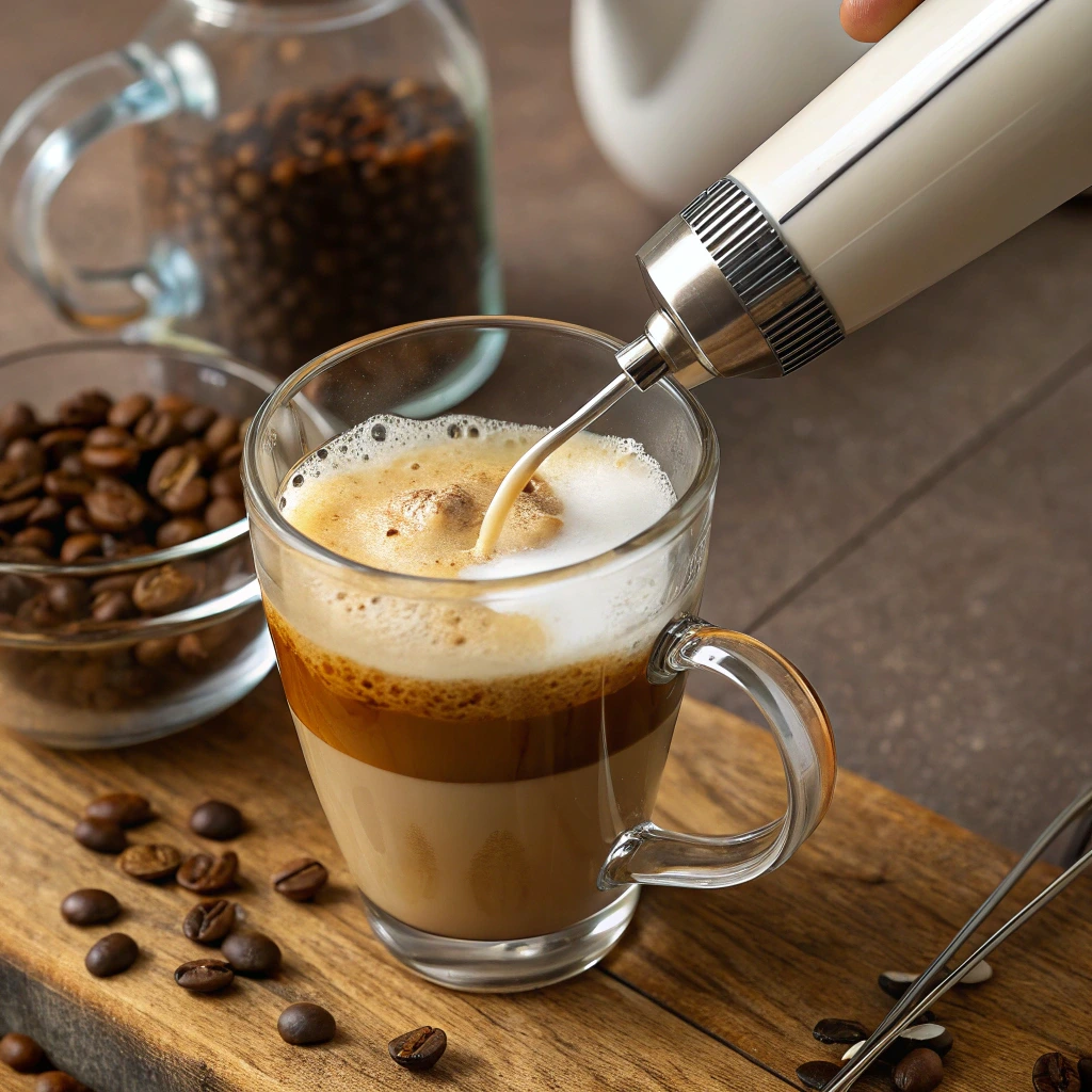 Blending coffee with MCT oil and protein using a handheld frother