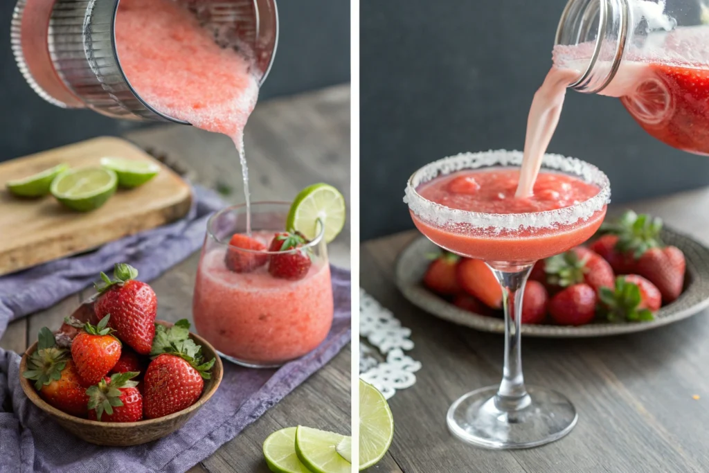 Step-by-step images of rimming glass, blending strawberry margarita, pouring, and garnishing