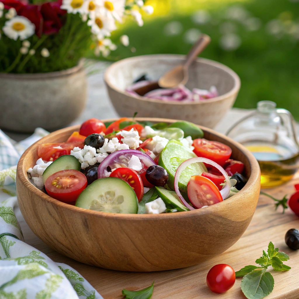 Mediterranean summer salad in a wooden bowl