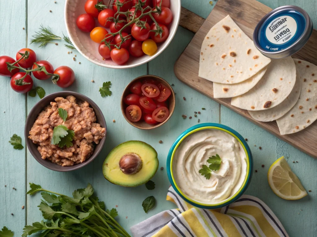A colorful spread of essential no cook ingredients that highlights freshness and variety. Great for visualizing pantry prep.
